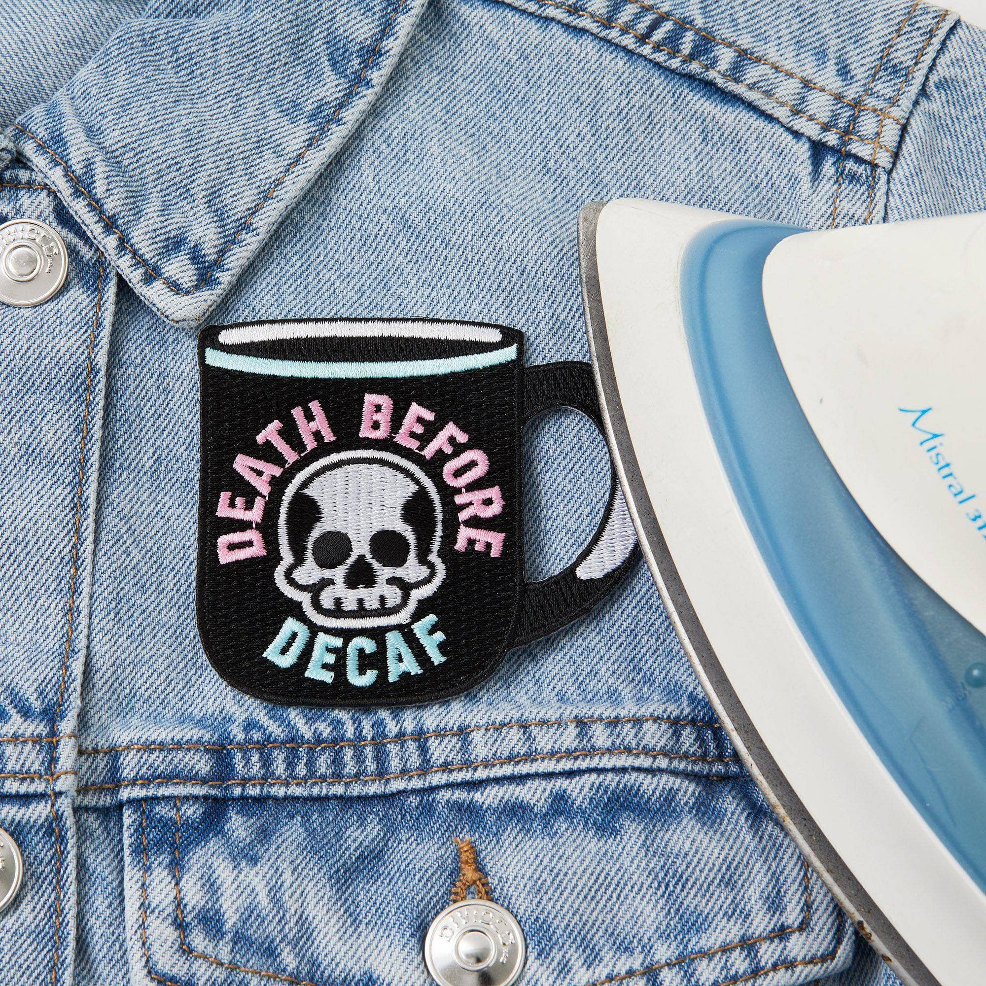 Death Before Decaf - Embroidered Iron On Patch