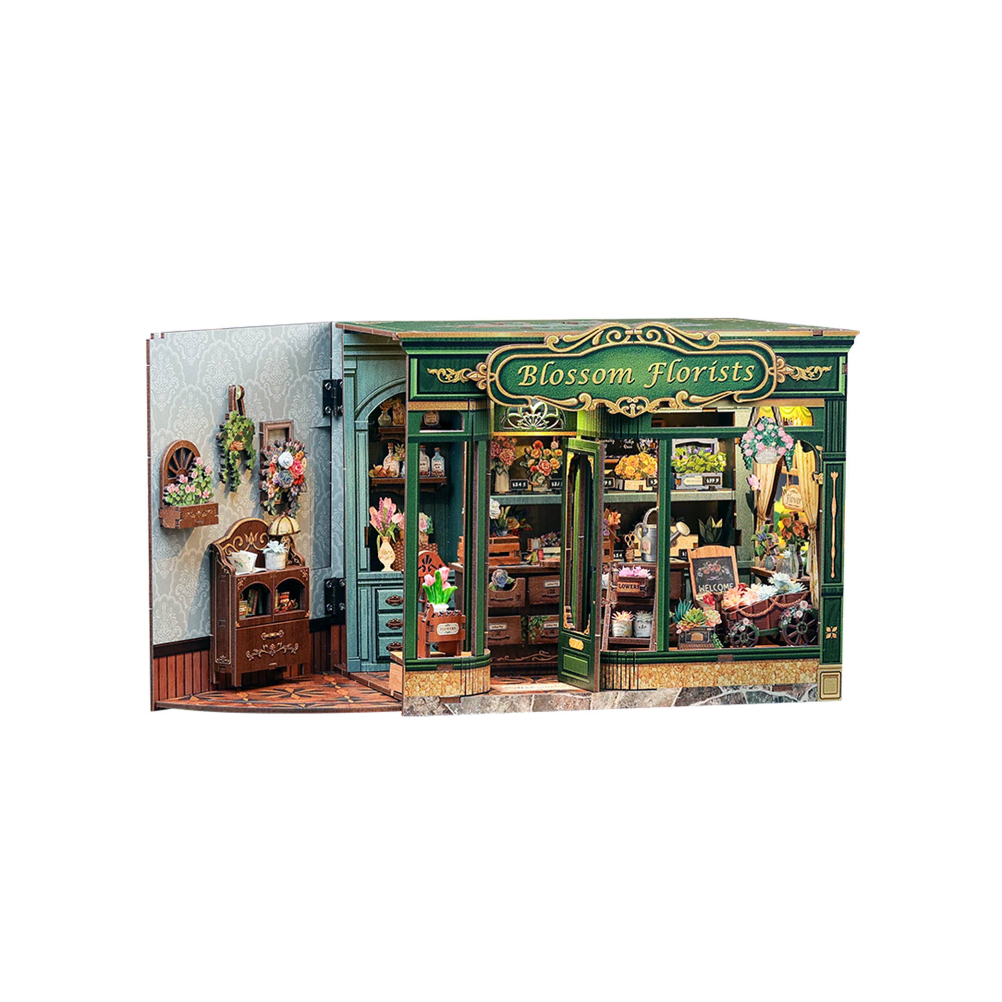 Model of a florist shop with 'Blossom Florists' sign on a white background