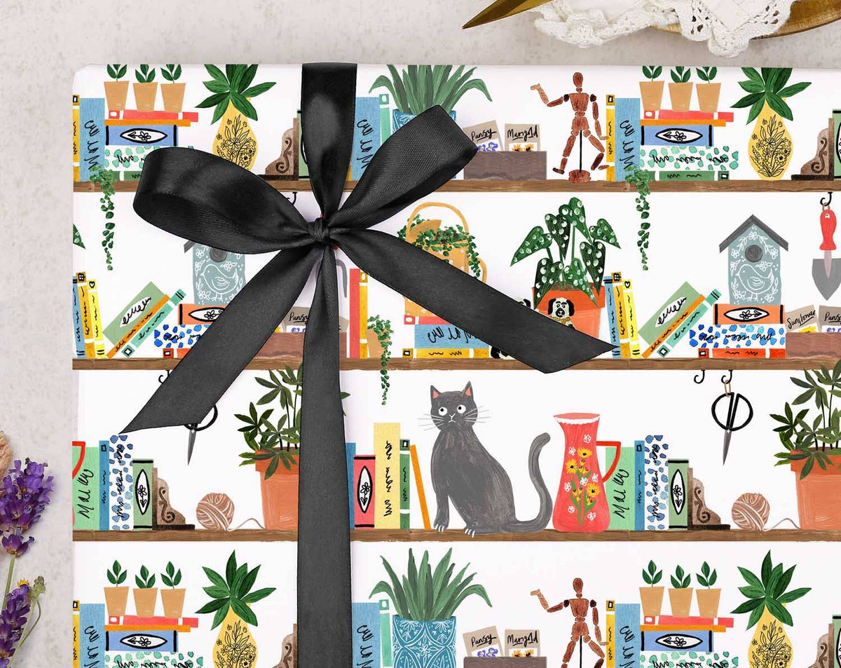 Cat On Bookcase Wrapping Paper | Gift Wrap