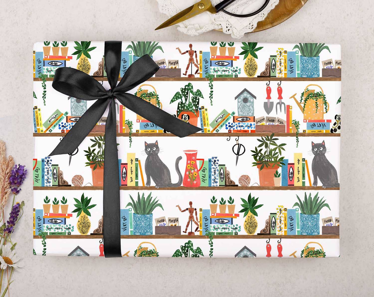 Cat On Bookcase Wrapping Paper | Gift Wrap
