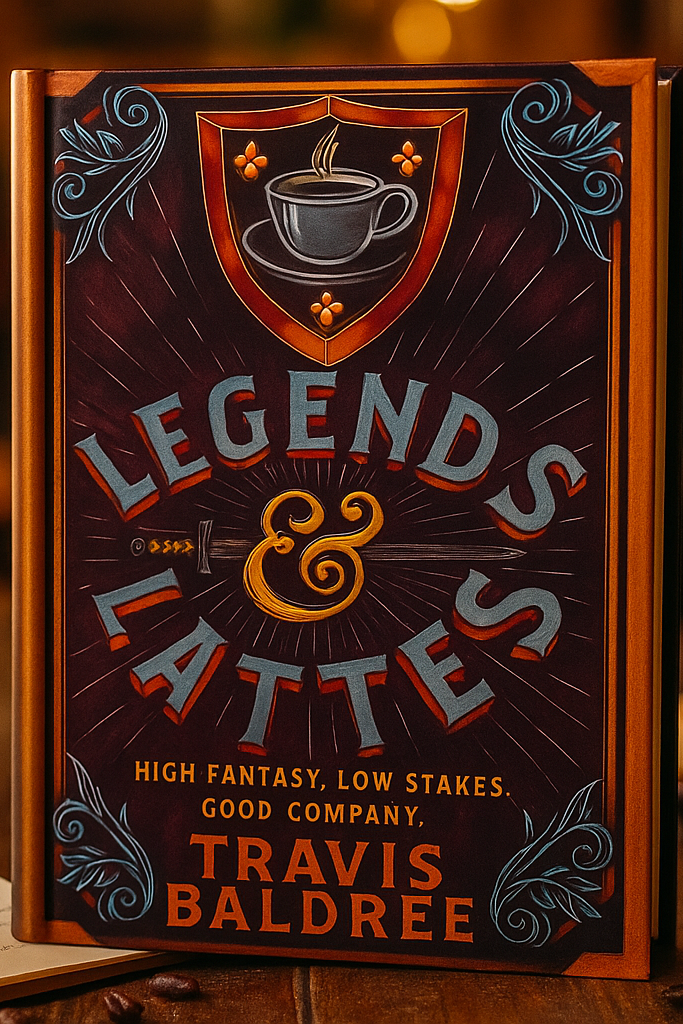 Book titled 'Legends & Lattes' by Travis Baldré on a wooden table with a cup of coffee and cookies.