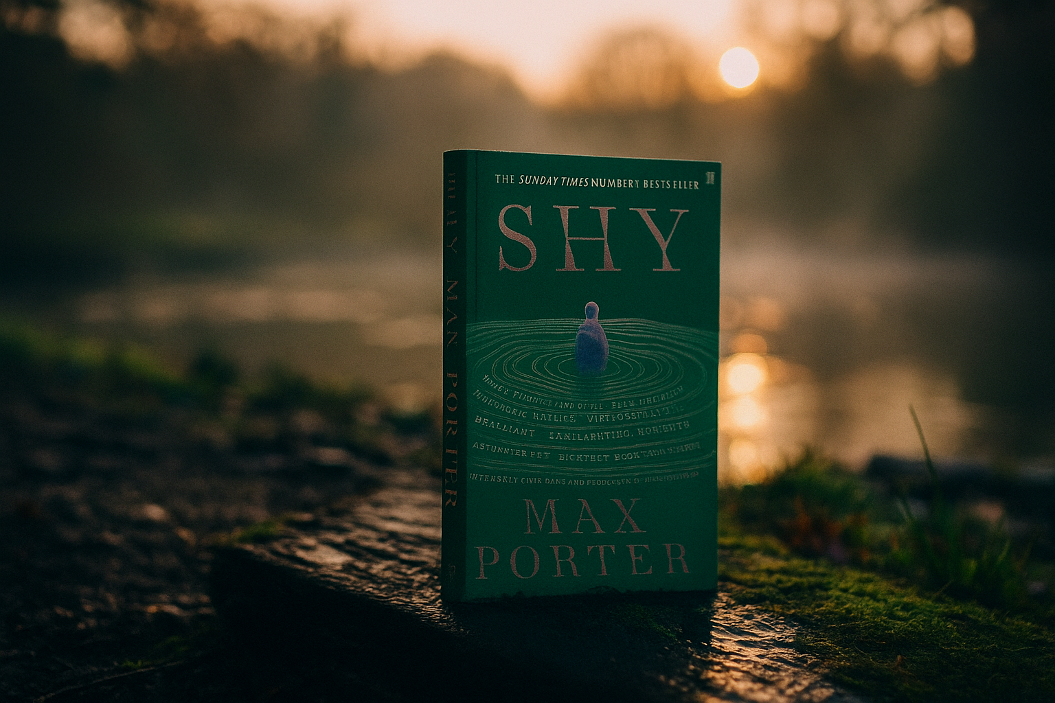 Book titled 'SHY' by Max Porter on a wooden surface with a blurred natural background