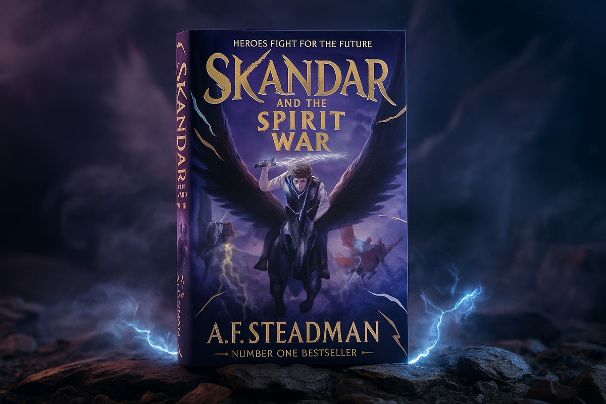 Book cover of 'Skandar and the Spirit War' by A.F. Steadman against a dark, mystical background.