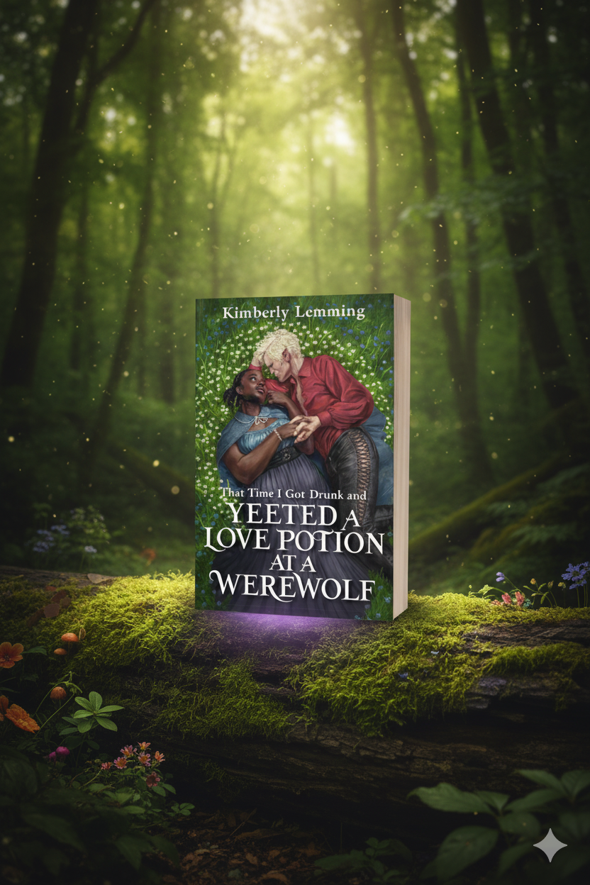 Book titled 'Yeeted a Love Potion at a Werewolf' by Kimberly Lemming in a forest setting