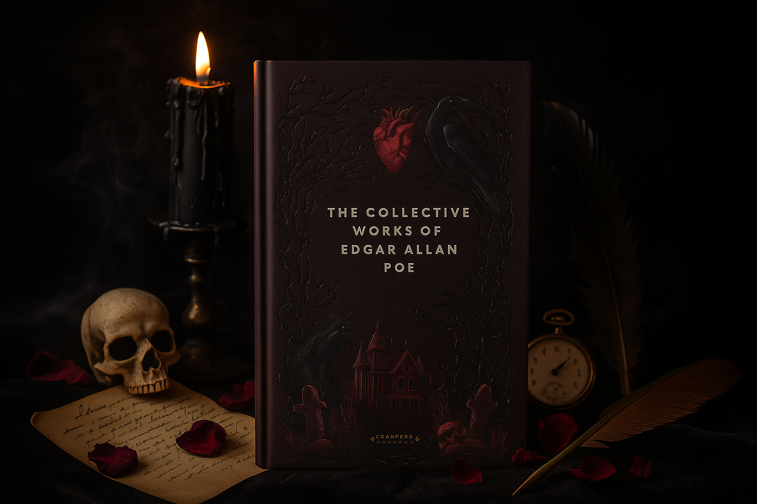 Book titled 'The Collective Works of Edgar Allan Poe' with a skull, candle, and other objects on a dark background