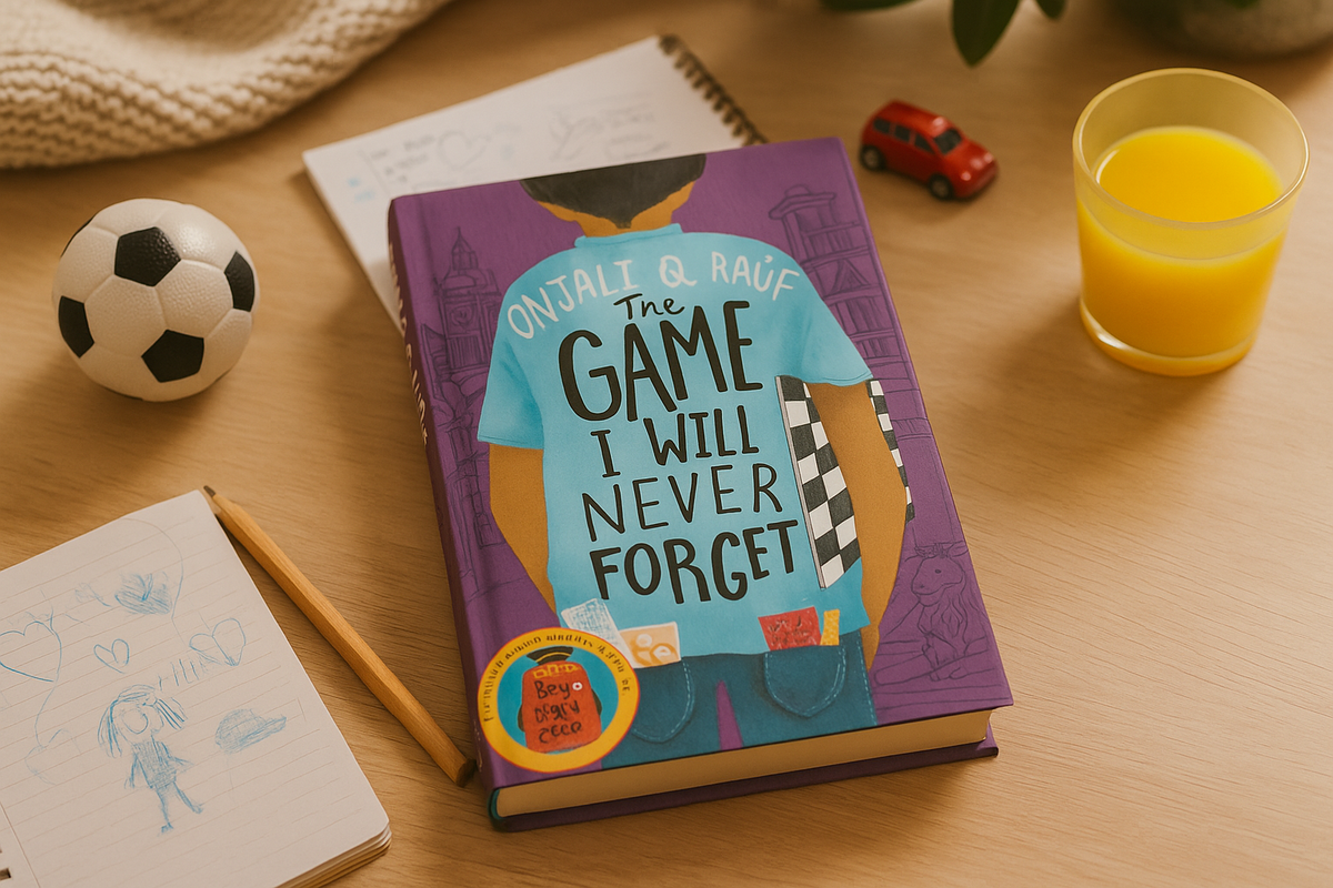 Book titled 'The Game I Will Never Forget' on a table with a soccer ball, notebook, and glass of juice.