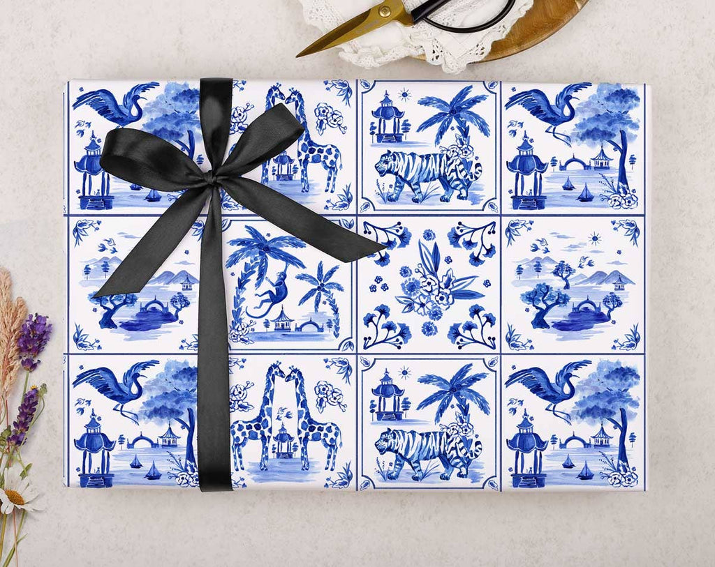 Gift Wrap | Blue Porcelain Tiles Animal Wrapping Paper Sheet